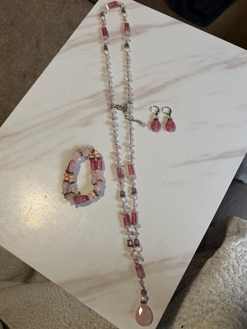 Pink Beaded Necklace, Bracelet & Earring Set